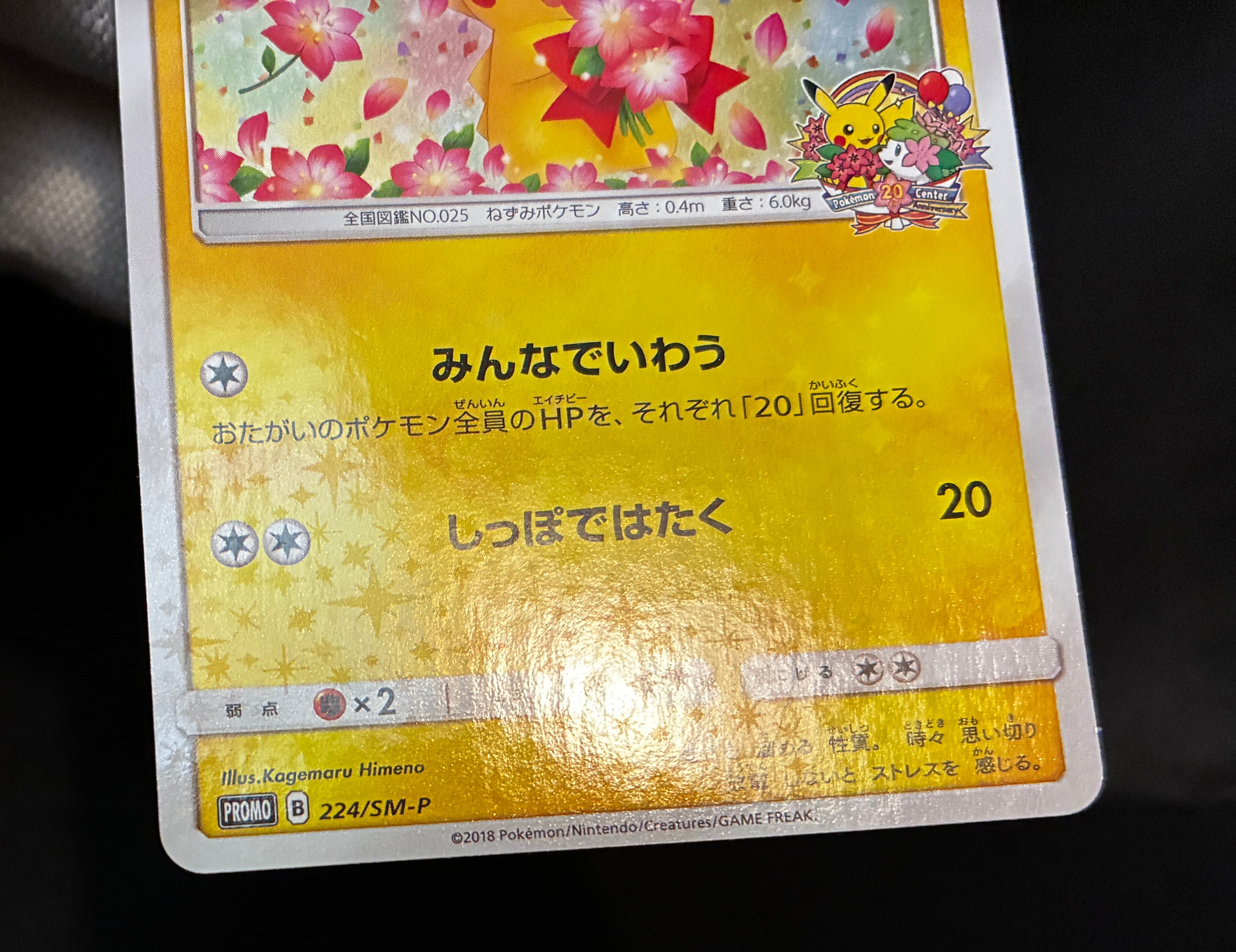 【MP】Pikachu 224/SM-P | Pokemon Center 20th Anniversary Promo | Pokemon Card Japanese